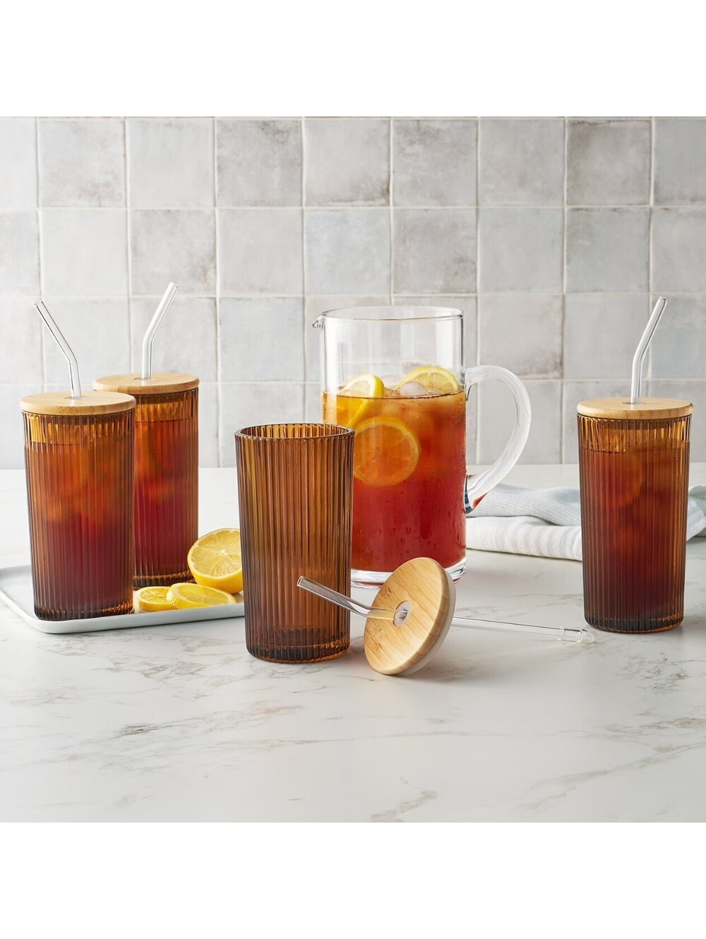 Member's Mark 4 pack glass tumblers with Bamboo Lids Amber